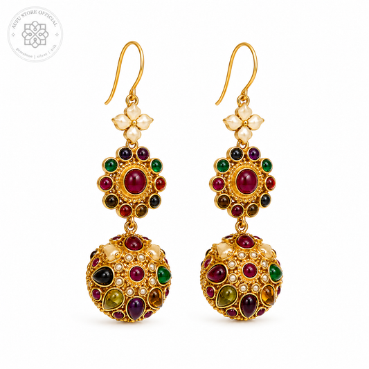NAVARATNA KALA — Genuine Navaratna Multi-Gemstone Statement Drop Earrings นพรัตนกาลา ต่างหูพลอยนพเก้าแท้ ดีไซน์ Statement แบบห้อย