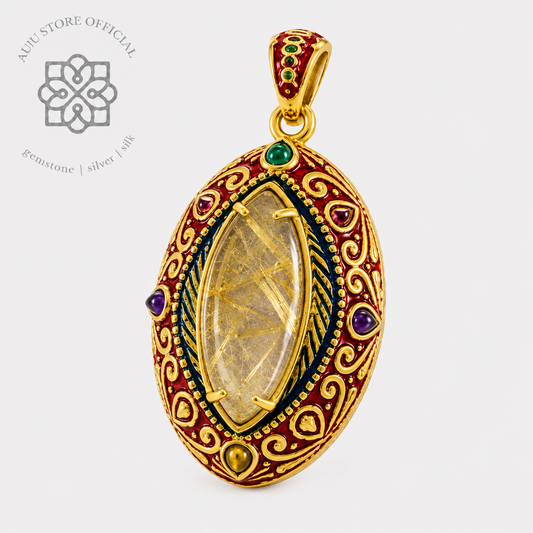 AURELIS THREAD — Golden Rutilated Quartz Ornamental Statement Pendant ออเรลิส เธรด จี้ไหมทอง ดีไซน์ Ornamental Statement
