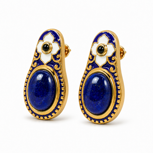 NILA LOTUS — Genuine Sapphire Cabochon Statement Earrings นิลโลตัส ต่างหูไพลินแท้ทรงรีหลังเบี้ย