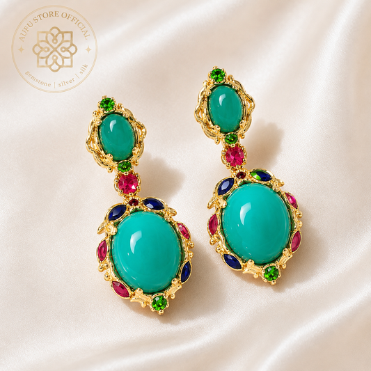 VERDANT MEADOW Genuine Green Agate Multicolor Drop Earrings เวอร์แดนท์ เมโดว์ — ต่างหูพลอยแท้ โมราสีเขียว