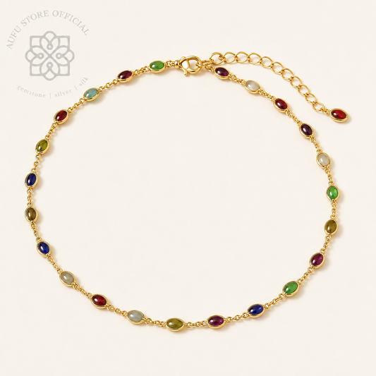 NAVARATNA LUMINA นวรัตน์ ลูมินา — Genuine Nine-Gem Necklace in 925 Sterling Silver with 24K Gold Plating สร้อยคอพลอยแท้ นพเก้า เงินแท้ 92.5% ชุบทองคำแท้ 24K