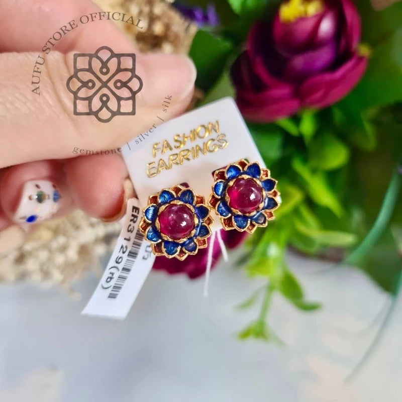RUBINA NILPADMA — Genuine Ruby Floral Statement Stud Earrings รูบินา นิลปัทมา ต่างหูทับทิมแท้ดีไซน์ดอกไม้