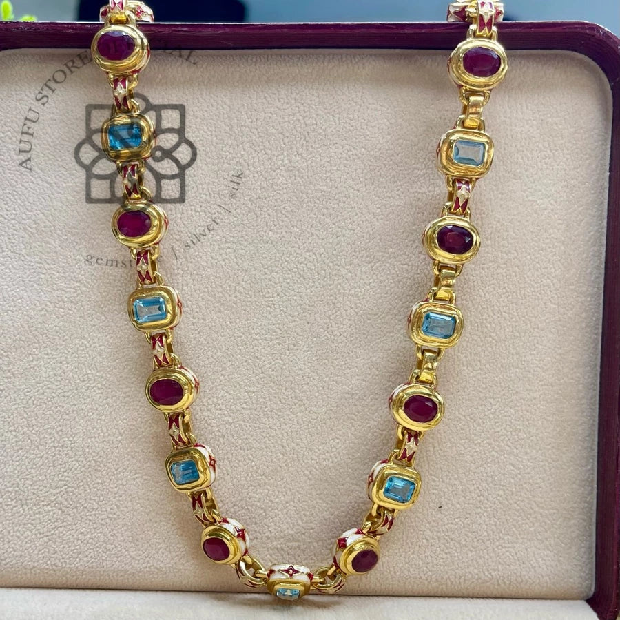 SANDHYA RATTANA — Genuine Ruby & London Blue Topaz Half-Rivière Necklace สร้อยคอทับทิมแท้และลอนดอนบลูโทพาส