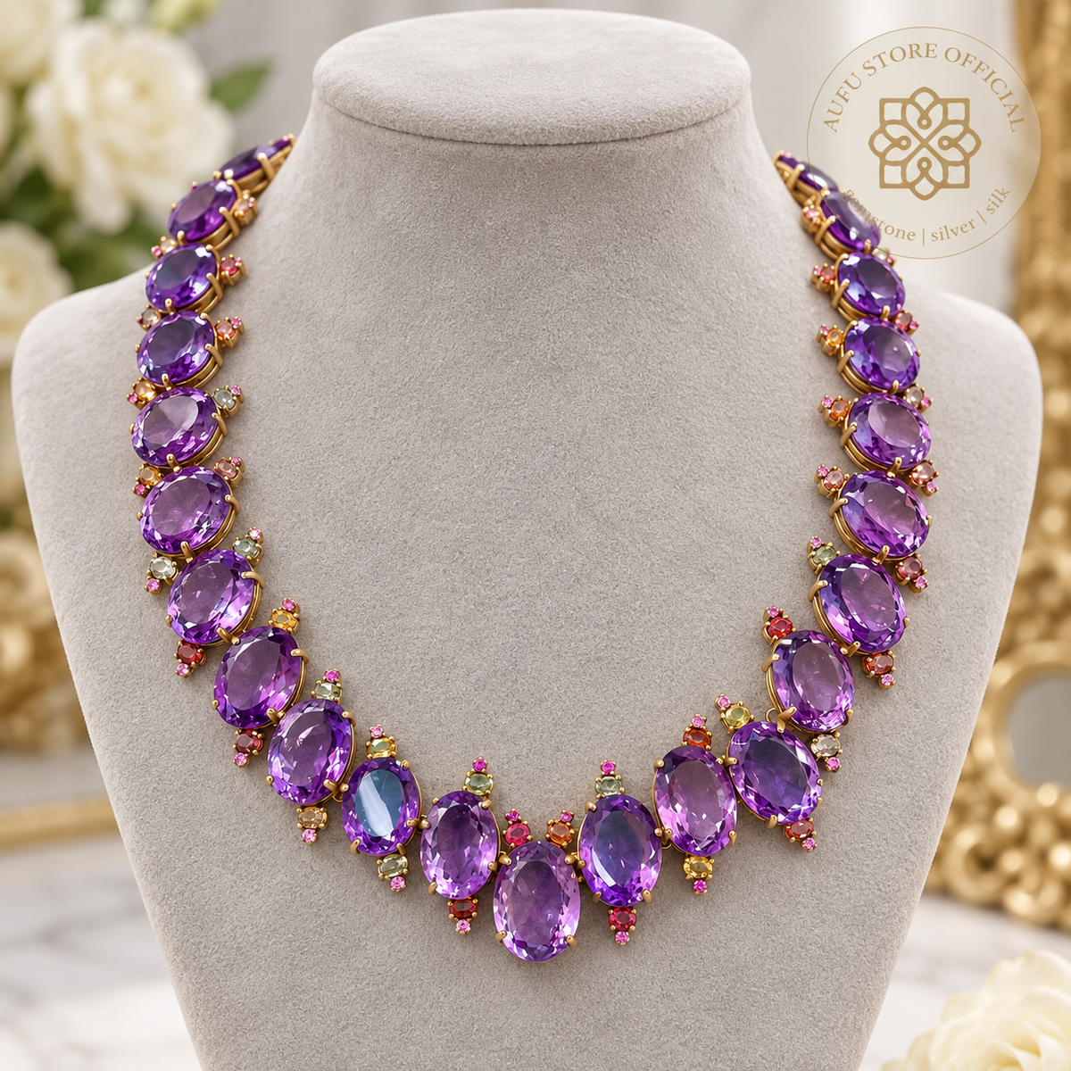 AMETHYST VIOLET CASCADE อเมทิสต์ ไวโอเล็ต คาสเคด — สร้อยคออเมทิสต์ทรงรี ประดับพลอยหลากสี