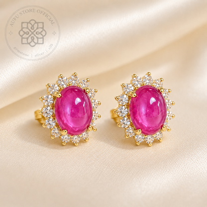 RUBY BLOSSOM CELESTE — Genuine Ruby Cabochon Halo Stud Earrings รูบี้ บลอสซัม เซเลสต์  ต่างหูทับทิมแท้ กิมบ่เซี่ยง