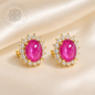 RUBY BLOSSOM CELESTE — Genuine Ruby Cabochon Halo Stud Earrings รูบี้ บลอสซัม เซเลสต์  ต่างหูทับทิมแท้ กิมบ่เซี่ยง