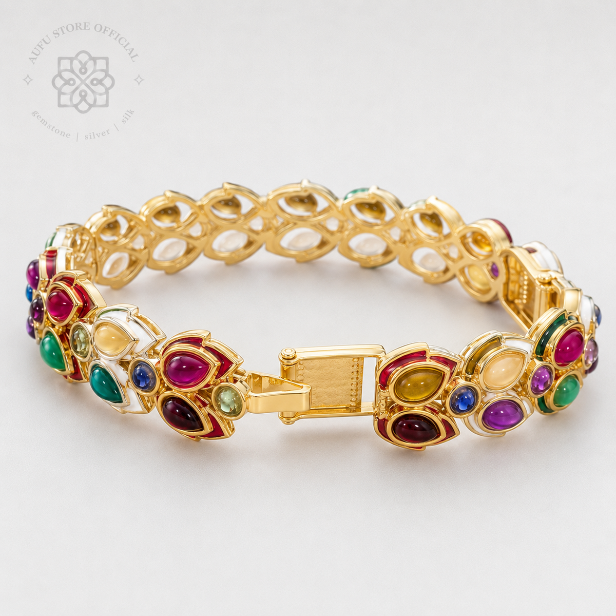NAVARATNA PETALIA — Genuine Navaratna Floral Gemstone Bangle นพรัตนพฤกษา กำไลพลอยนพเก้าแท้ ดีไซน์พฤกษา