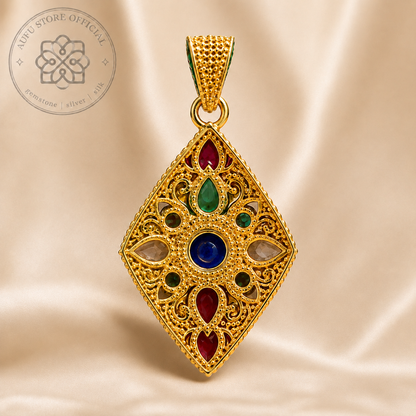 Nine-Gem Multicolor Pendant with Green Ornamental Design จี้นพเก้าพลอยหลากสี ดีไซน์ลายไทยประดับสีเขียว