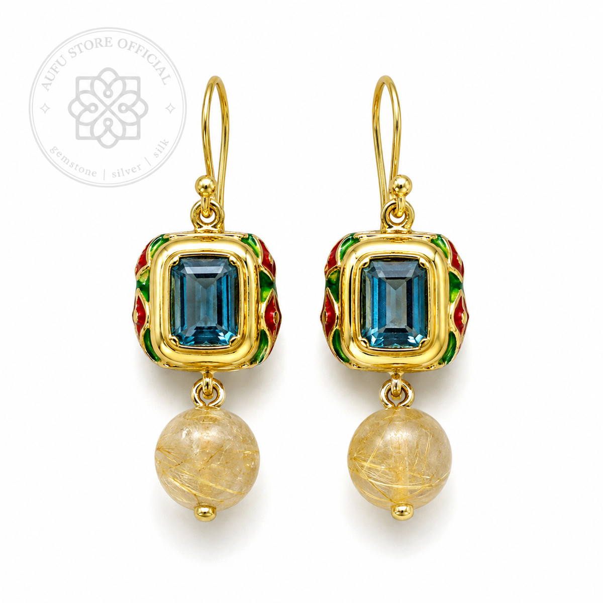 ต่างหูบลูโทพาสแท้ แบบห้อย ประดับพลอยโทนทอง Genuine Blue Topaz Drop Earrings with Golden-Tone Gemstone Drops