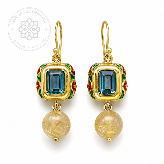 ต่างหูบลูโทพาสแท้ แบบห้อย ประดับพลอยโทนทอง Genuine Blue Topaz Drop Earrings with Golden-Tone Gemstone Drops
