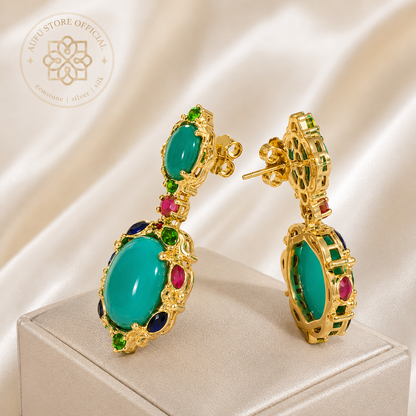 VERDANT MEADOW  Genuine Green Agate Multicolor Drop Earrings เวอร์แดนท์ เมโดว์ — ต่างหูพลอยแท้ โมราสีเขียว