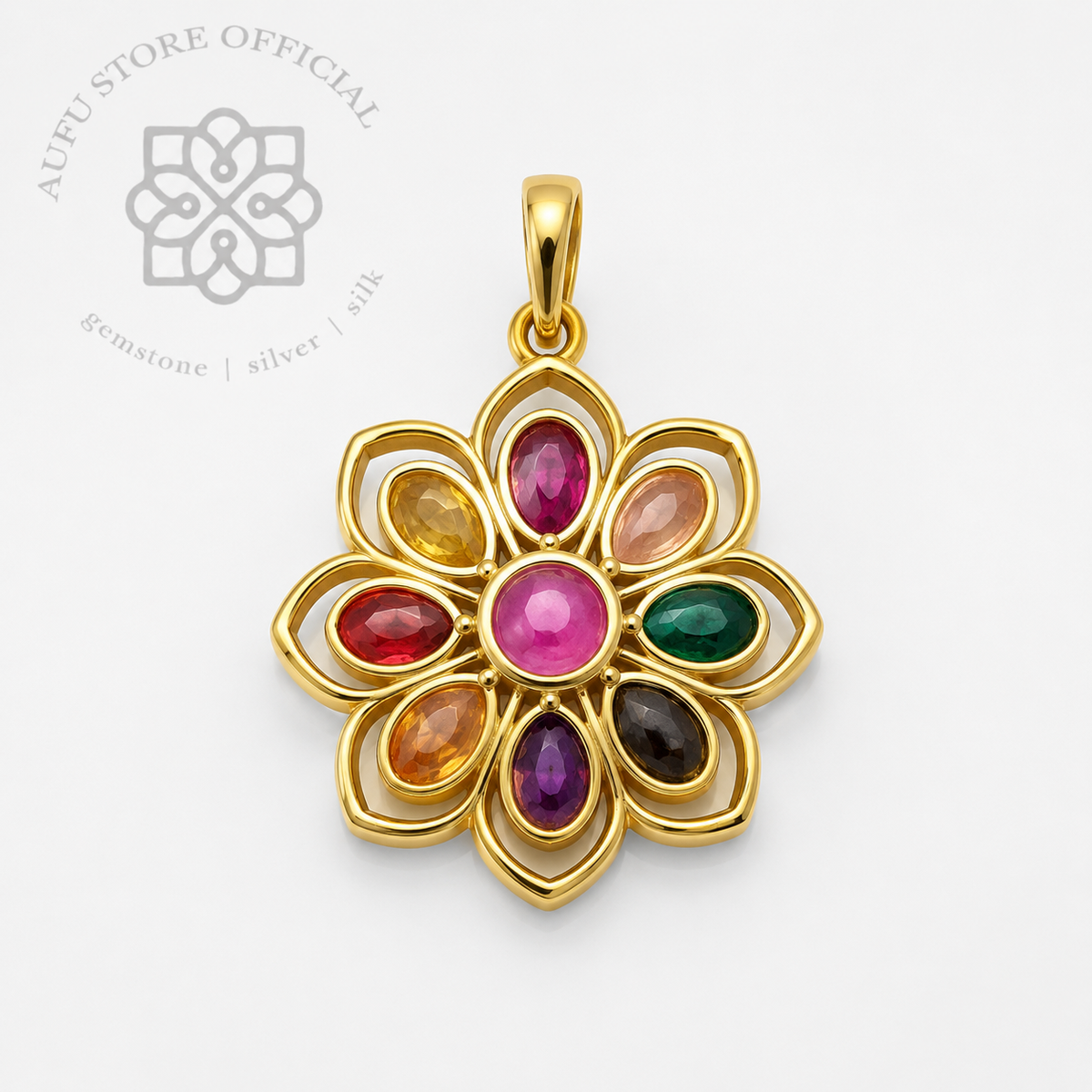 NAVARATNA BLOOM — Nine-Color Gemstone Floral Pendant นวรัตนบุปผา  จี้พลอย 9 สี ดีไซน์ดอกไม้นพเก้า