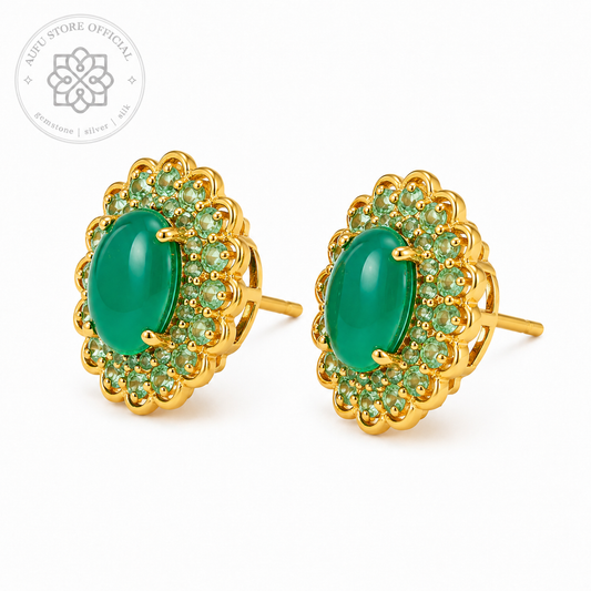 VANA AURELIA — Genuine Green Agate Floral Halo Stud Earrings วนา ออเรเลีย ต่างหูโมราเขียวแท้ดีไซน์ Floral Halo
