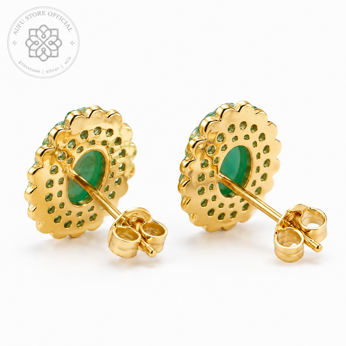 VANA AURELIA — Genuine Green Agate Floral Halo Stud Earrings วนา ออเรเลีย ต่างหูโมราเขียวแท้ดีไซน์ Floral Halo