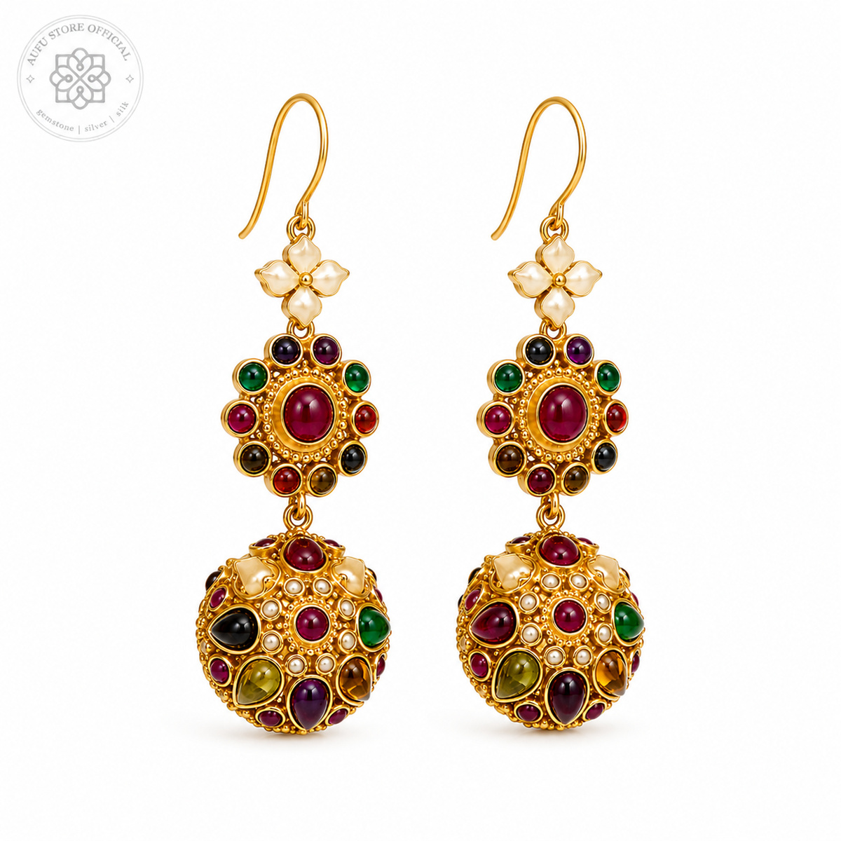 NAVARATNA KALA — Genuine Navaratna Multi-Gemstone Statement Drop Earrings นพรัตนกาลา ต่างหูพลอยนพเก้าแท้ ดีไซน์ Statement แบบห้อย