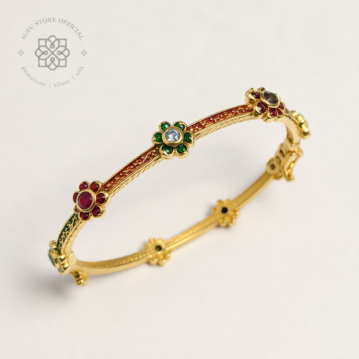 RATANA BLOSSOM — Ornamental Floral Gemstone Bangle Bracelet รัตนบุปผา  กำไลข้อมือลายดอกไม้ประดับพลอย