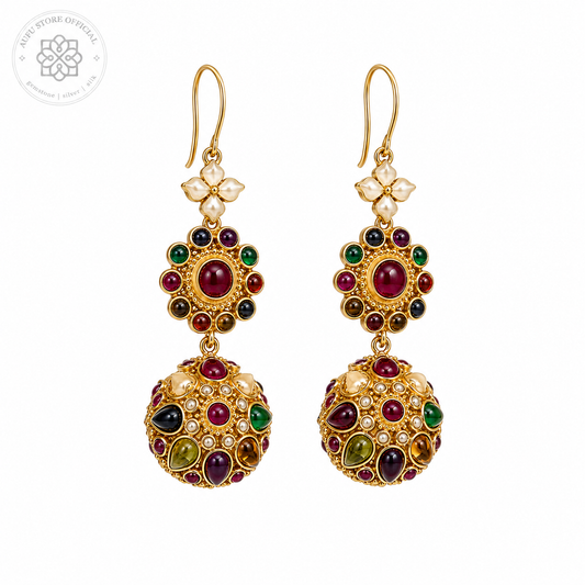 NAVARATNA KALA — Genuine Navaratna Multi-Gemstone Statement Drop Earrings นพรัตนกาลา ต่างหูพลอยนพเก้าแท้ ดีไซน์ Statement แบบห้อย