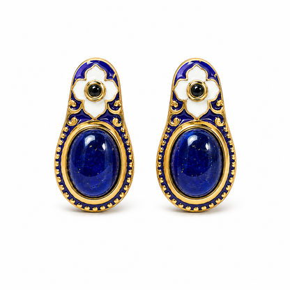 NILA LOTUS — Genuine Sapphire Cabochon Statement Earrings นิลโลตัส  ต่างหูไพลินแท้ทรงรีหลังเบี้ย