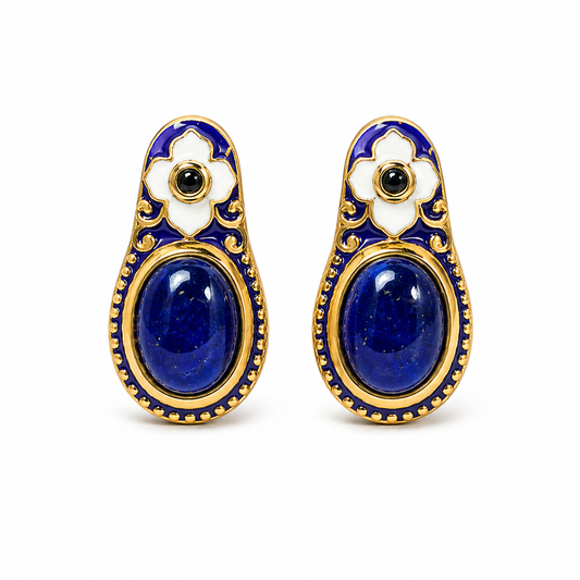 NILA LOTUS — Genuine Sapphire Cabochon Statement Earrings นิลโลตัส  ต่างหูไพลินแท้ทรงรีหลังเบี้ย