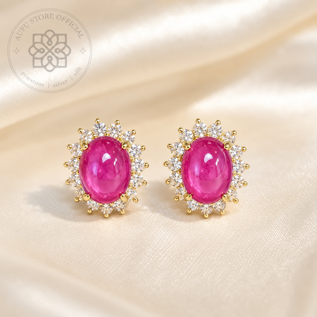 RUBY BLOSSOM CELESTE — Genuine Ruby Cabochon Halo Stud Earrings รูบี้ บลอสซัม เซเลสต์  ต่างหูทับทิมแท้ กิมบ่เซี่ยง