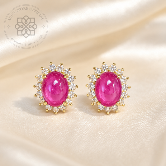 RUBY BLOSSOM CELESTE — Genuine Ruby Cabochon Halo Stud Earrings รูบี้ บลอสซัม เซเลสต์  ต่างหูทับทิมแท้ กิมบ่เซี่ยง