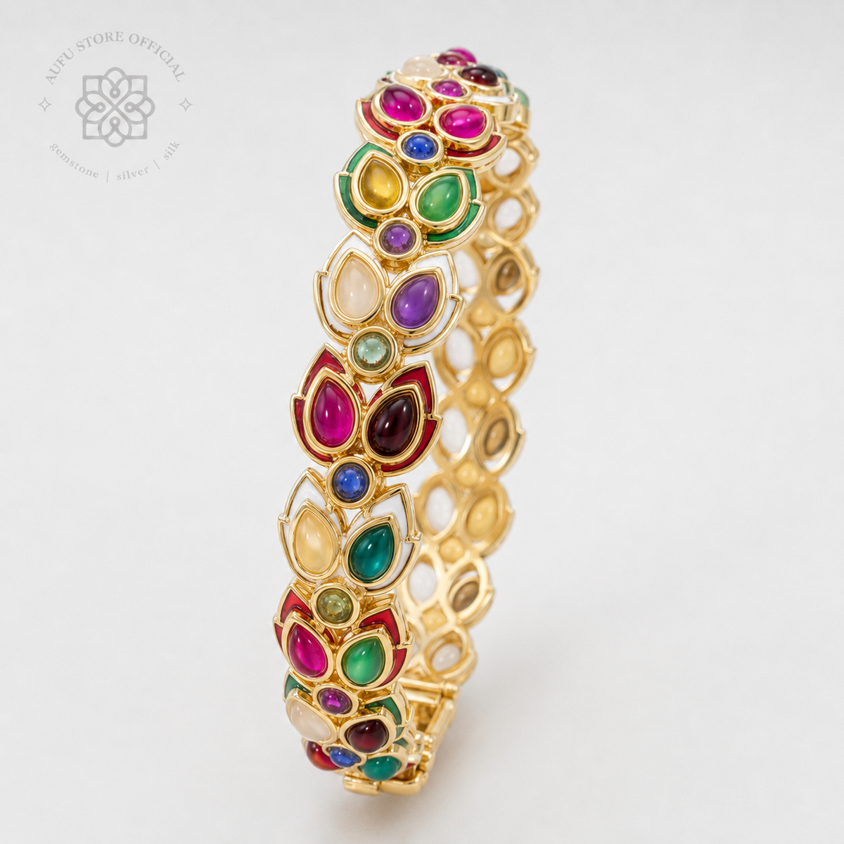 NAVARATNA PETALIA — Genuine Navaratna Floral Gemstone Bangle นพรัตนพฤกษา กำไลพลอยนพเก้าแท้ ดีไซน์พฤกษา