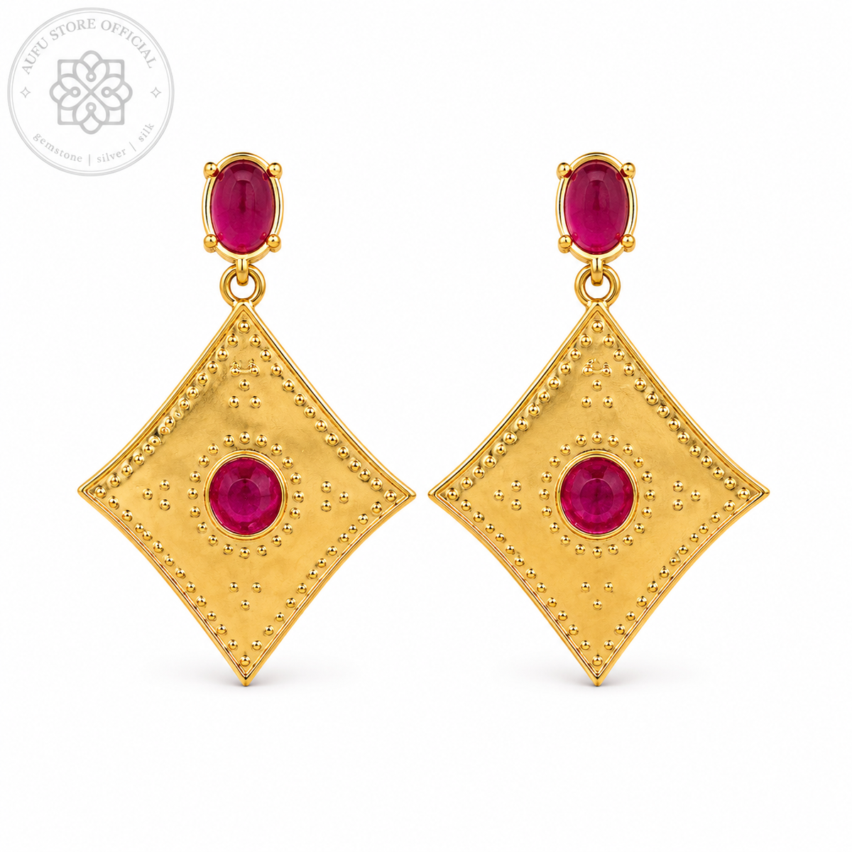 RATANA MANDALA — Red Gemstone Ornamental Diamond Drop Earrings รัตนมันดาลา ต่างหูพลอยสีแดงทรงข้าวหลามตัด