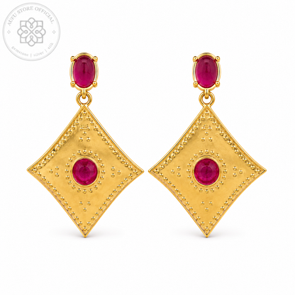 RATANA MANDALA — Red Gemstone Ornamental Diamond Drop Earrings รัตนมันดาลา ต่างหูพลอยสีแดงทรงข้าวหลามตัด