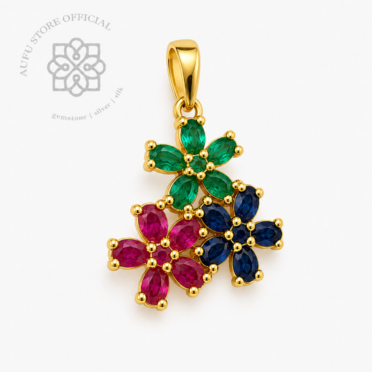 TRINITY BLOOM — Genuine Multi-Gemstone Three-Flower Pendant ทรินิตี้ บลูม จี้พลอยแท้สามสี ดีไซน์ดอกไม้ 3 ดอก