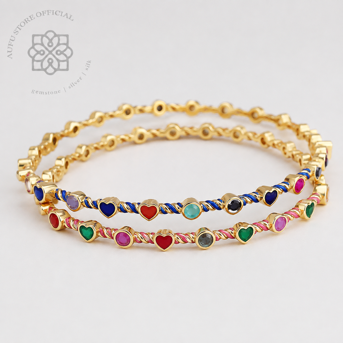 RATANA DUET — Genuine Multi-Gemstone Double-Line Bangle Bracelet รัตนดูเอ็ต  กำไลข้อมือพลอยแท้หลากสี ดีไซน์เส้นคู่