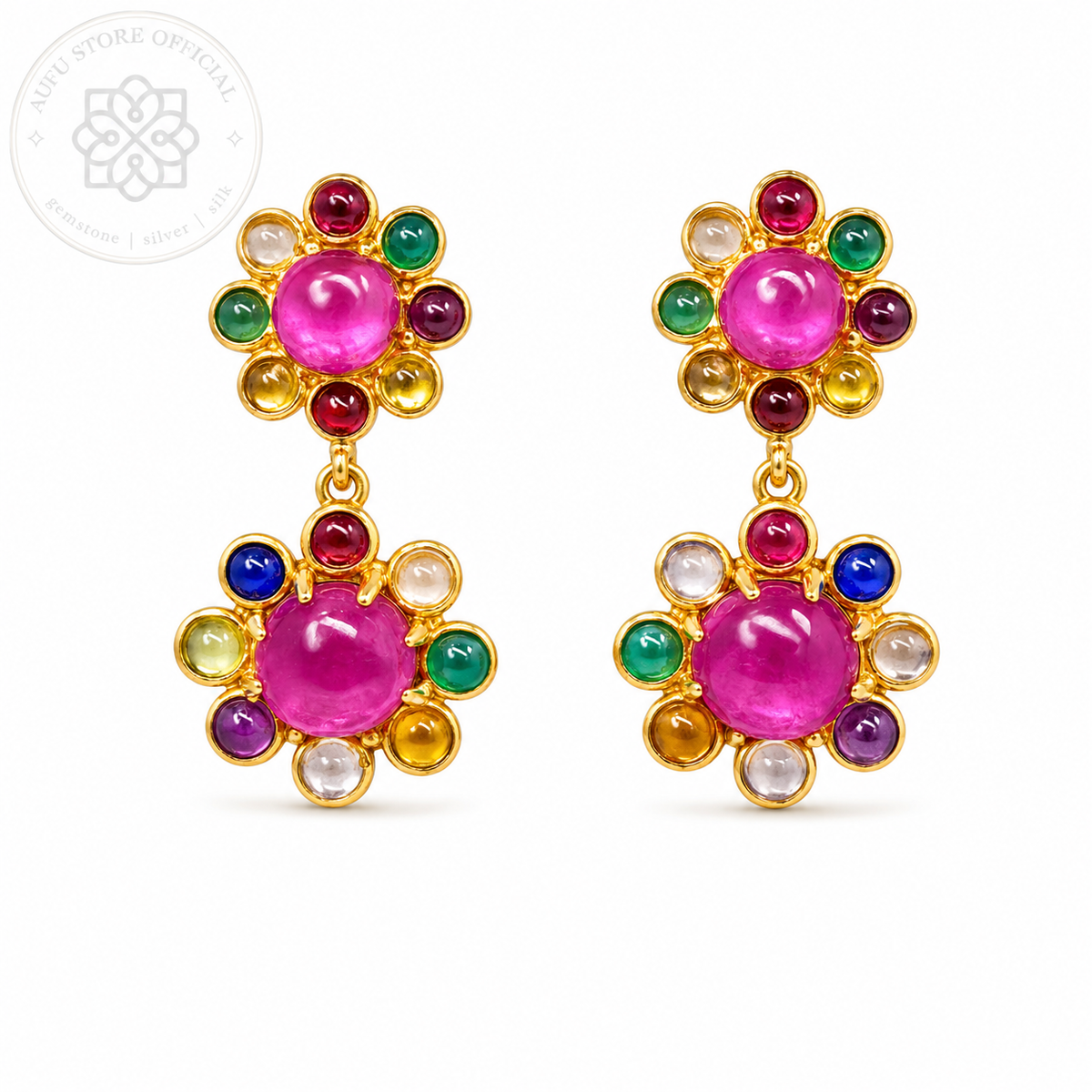 RATANA BLOOM — Colorful Multi-Gemstone Floral Drop Earrings รัตนบุปผา  ต่างหูพลอยหลากสีดีไซน์ดอกไม้