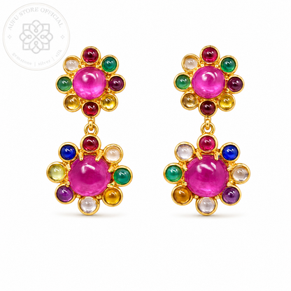 RATANA BLOOM — Colorful Multi-Gemstone Floral Drop Earrings รัตนบุปผา  ต่างหูพลอยหลากสีดีไซน์ดอกไม้