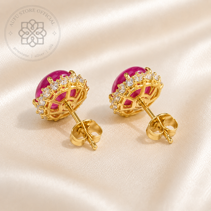 RUBY BLOSSOM CELESTE — Genuine Ruby Cabochon Halo Stud Earrings รูบี้ บลอสซัม เซเลสต์  ต่างหูทับทิมแท้ กิมบ่เซี่ยง