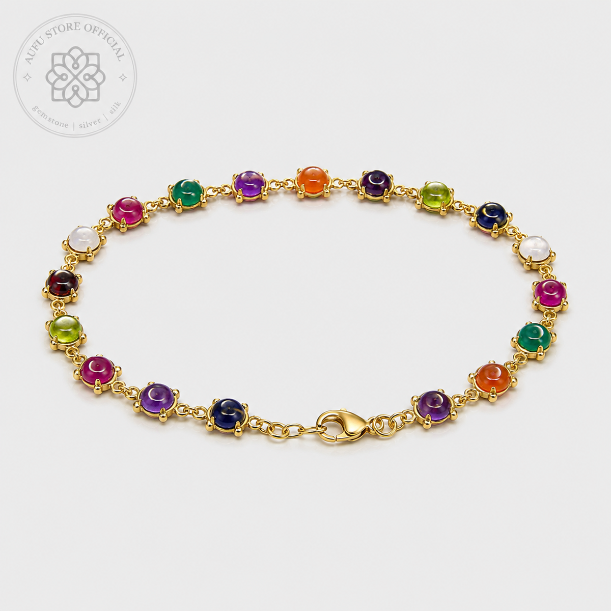 NAVARATNA ORBIT — Genuine Navaratna Cabochon Gemstone Bracelet นพรัตนมณฑล สร้อยข้อมือพลอยนพเก้าแท้ แบบเรียงพลอยหลังเบี้ย