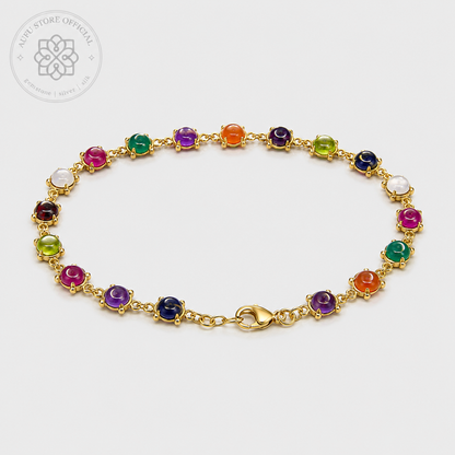 NAVARATNA ORBIT — Genuine Navaratna Cabochon Gemstone Bracelet นพรัตนมณฑล สร้อยข้อมือพลอยนพเก้าแท้ แบบเรียงพลอยหลังเบี้ย