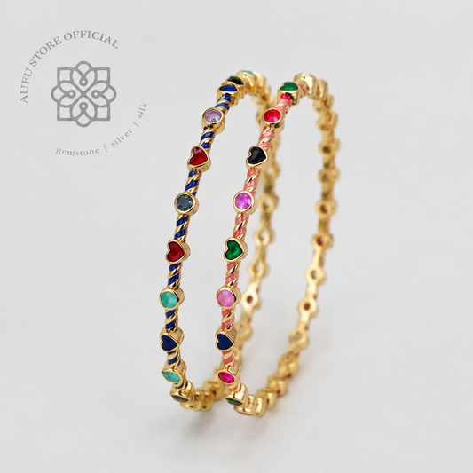 RATANA DUET — Genuine Multi-Gemstone Double-Line Bangle Bracelet รัตนดูเอ็ต  กำไลข้อมือพลอยแท้หลากสี ดีไซน์เส้นคู่