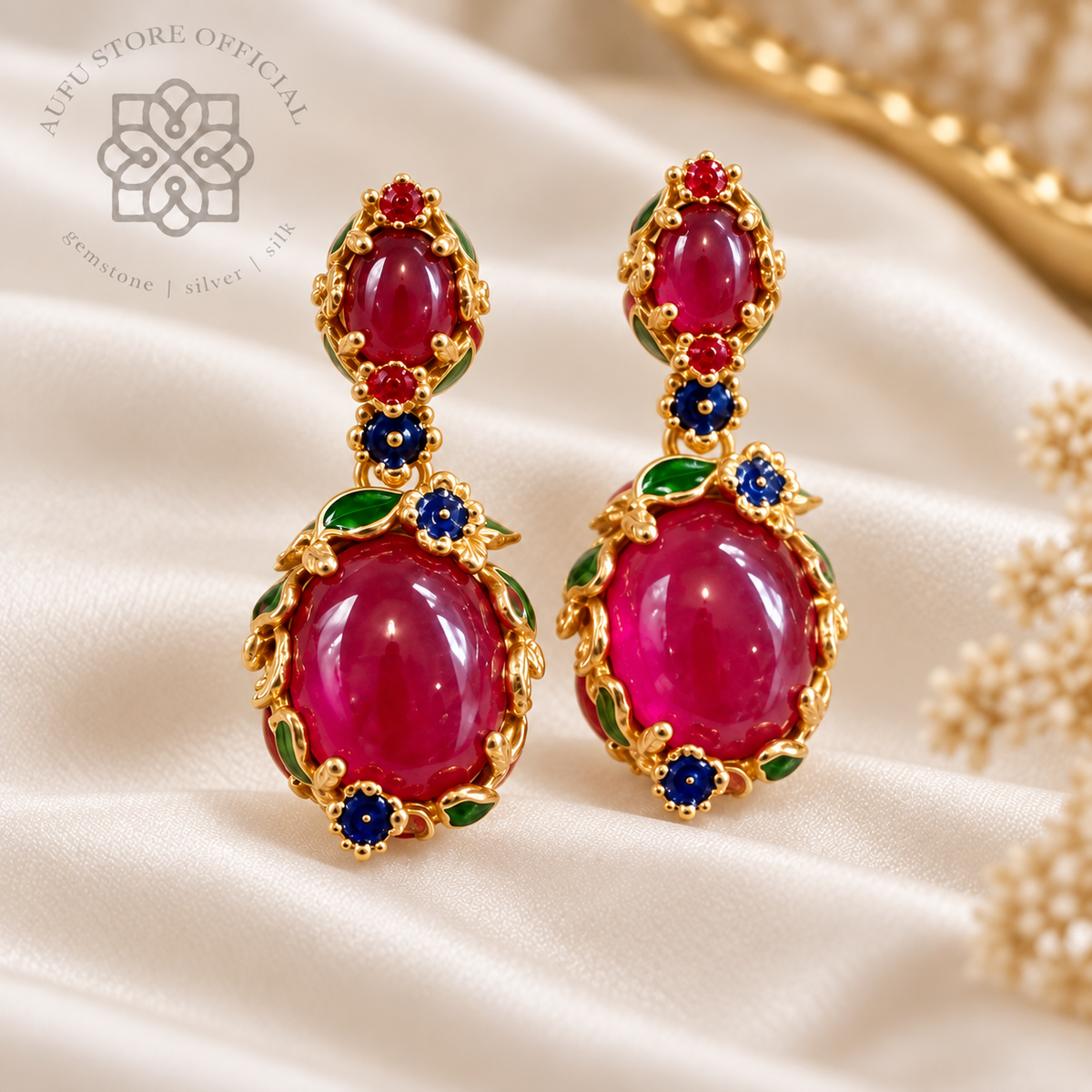 RUBY GARDEN ROYALE — Ruby Cabochon Floral Drop Earrings รูบี้ การ์เดน รอยัล ต่างหูทับทิม