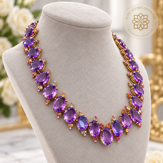 AMETHYST VIOLET CASCADE อเมทิสต์ ไวโอเล็ต คาสเคด — สร้อยคออเมทิสต์ทรงรี ประดับพลอยหลากสี