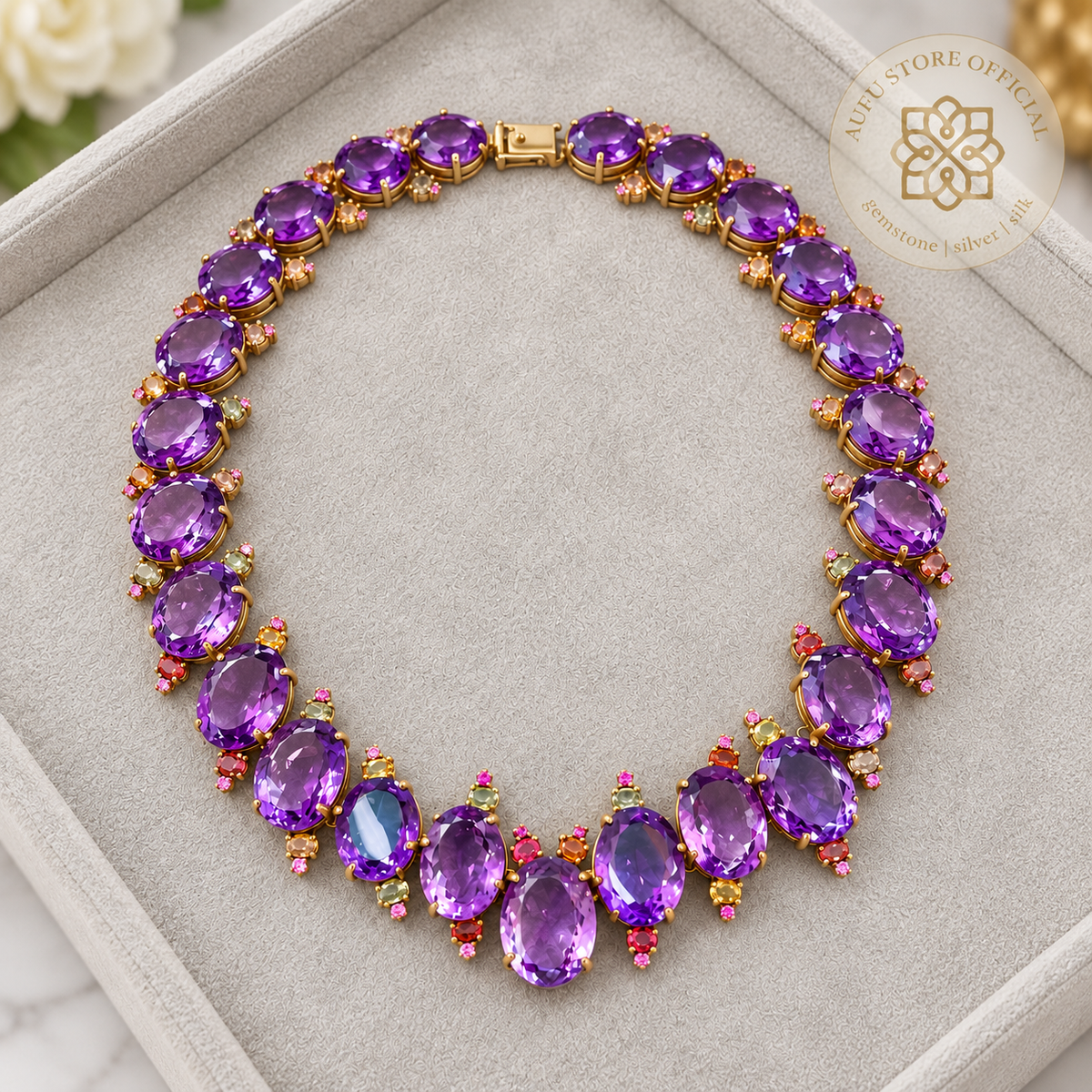 AMETHYST VIOLET CASCADE อเมทิสต์ ไวโอเล็ต คาสเคด — สร้อยคออเมทิสต์ทรงรี ประดับพลอยหลากสี
