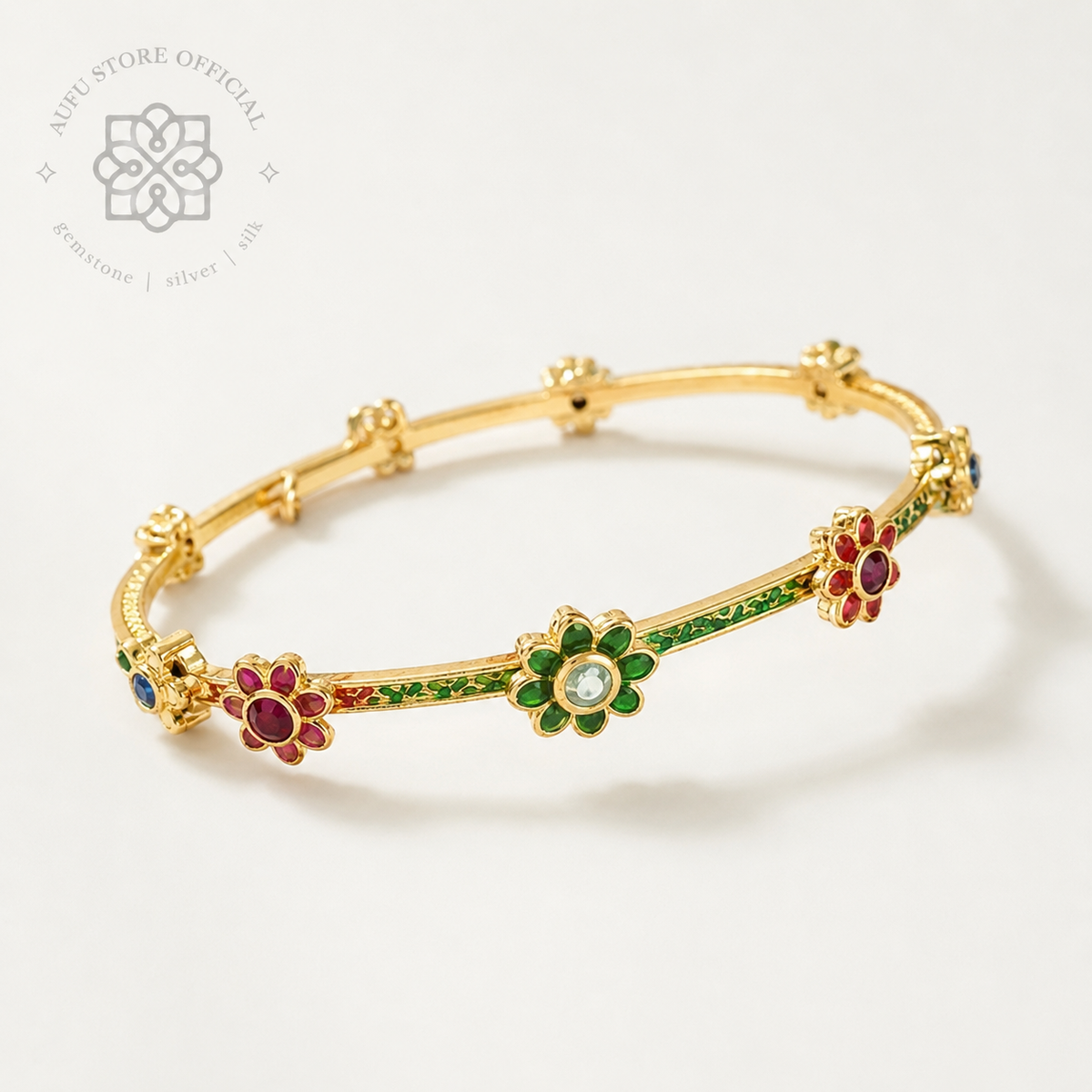 RATANA BLOSSOM — Ornamental Floral Gemstone Bangle Bracelet รัตนบุปผา  กำไลข้อมือลายดอกไม้ประดับพลอย