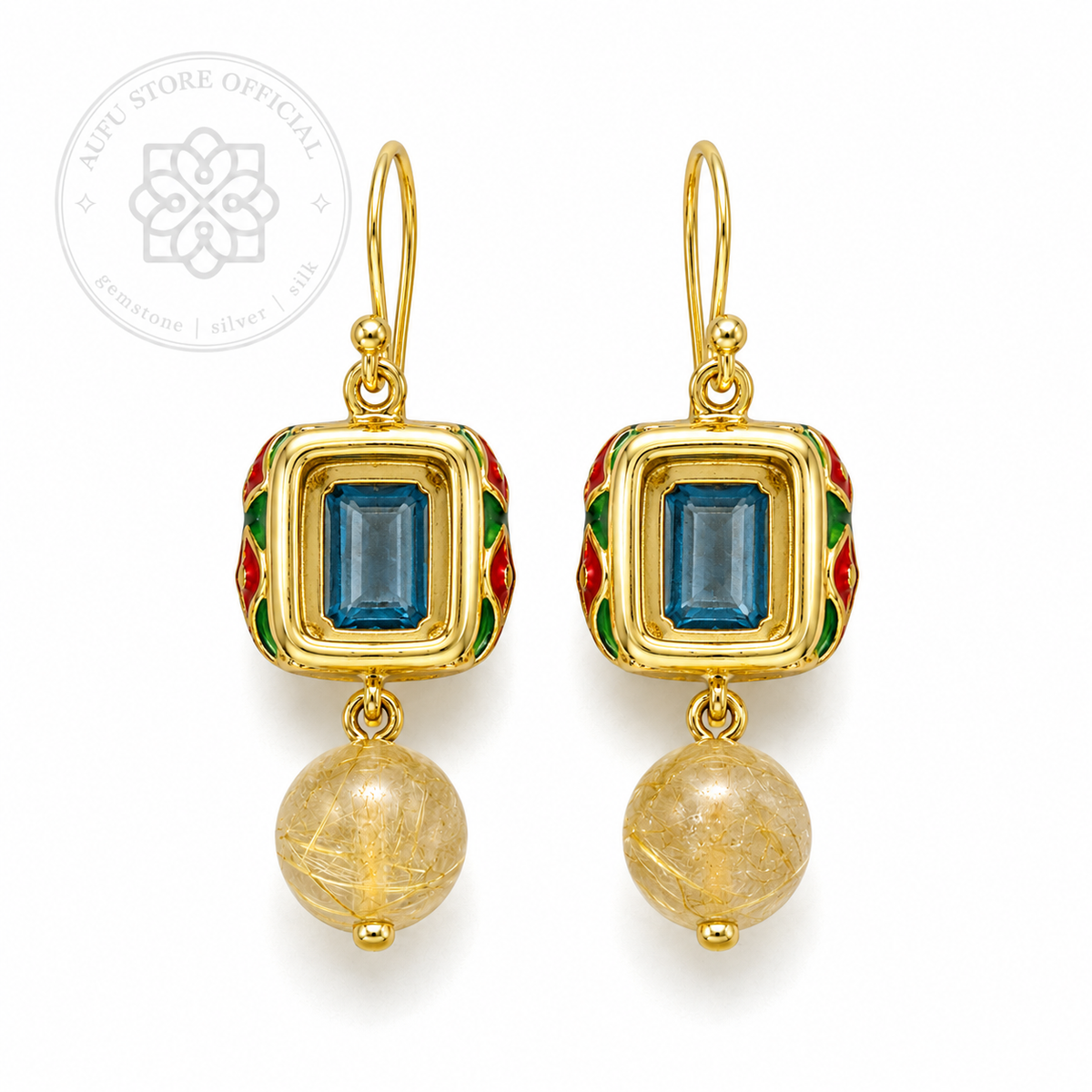 ต่างหูบลูโทพาสแท้ แบบห้อย ประดับพลอยโทนทอง Genuine Blue Topaz Drop Earrings with Golden-Tone Gemstone Drops
