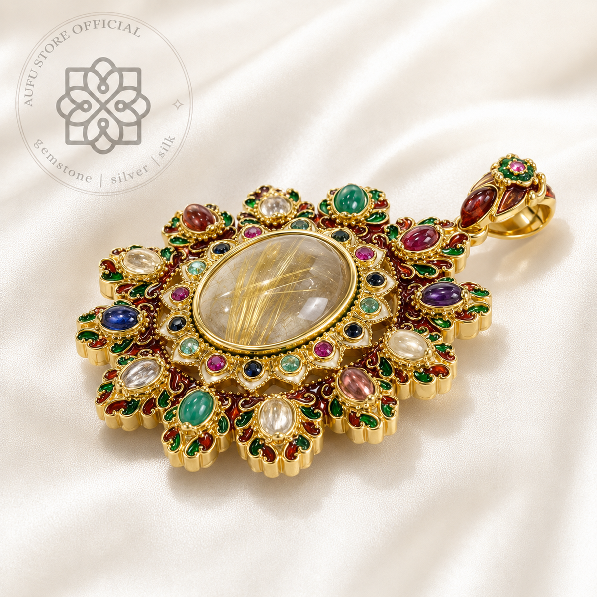 GOLDEN RUTILA NAVARATNA โกลเด้น รูทิลา นวรัตน์ — จี้ไหมทองล้อมพลอยนพเก้า