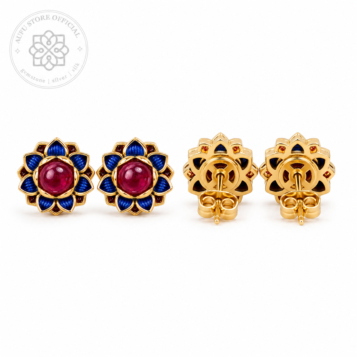 RUBINA NILPADMA — Genuine Ruby Floral Statement Stud Earrings รูบินา นิลปัทมา  ต่างหูทับทิมแท้ดีไซน์ดอกไม้