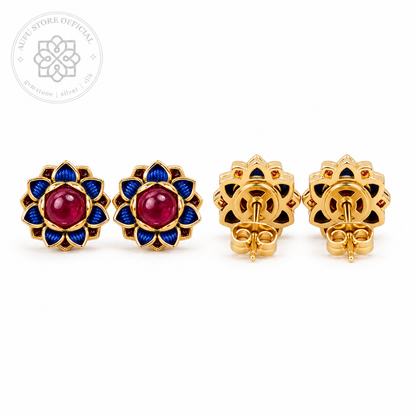 RUBINA NILPADMA — Genuine Ruby Floral Statement Stud Earrings รูบินา นิลปัทมา  ต่างหูทับทิมแท้ดีไซน์ดอกไม้