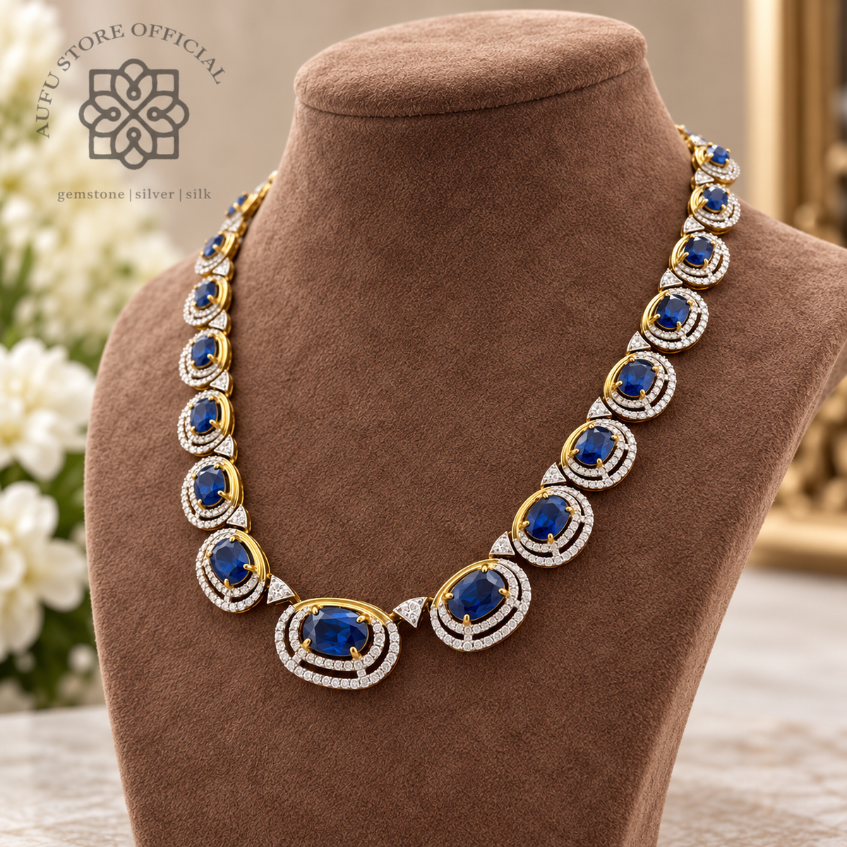 SAPPHIRE CELESTIA Necklace แซฟไฟร์ เซเลสเทีย — สร้อยคอไพลินเจียระไน ล้อมพลอยขาว ดีไซน์หรู