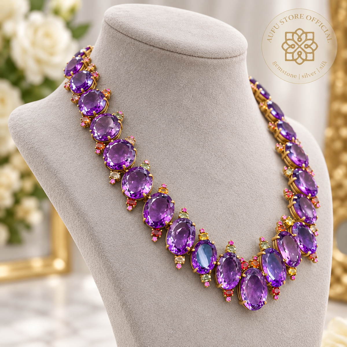 AMETHYST VIOLET CASCADE อเมทิสต์ ไวโอเล็ต คาสเคด — สร้อยคออเมทิสต์ทรงรี ประดับพลอยหลากสี