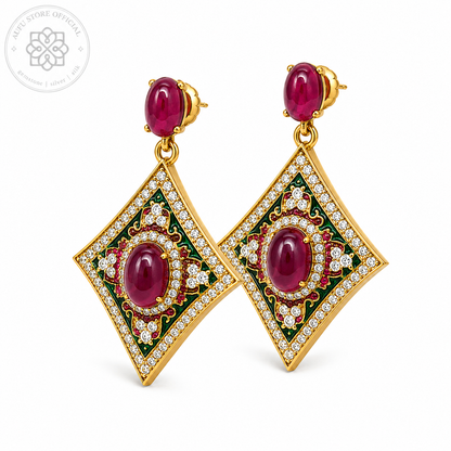 RATANA MANDALA — Red Gemstone Ornamental Diamond Drop Earrings รัตนมันดาลา ต่างหูพลอยสีแดงทรงข้าวหลามตัด