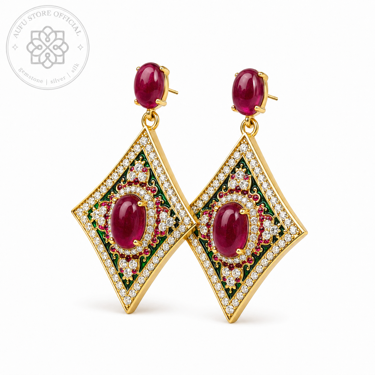 RATANA MANDALA — Red Gemstone Ornamental Diamond Drop Earrings รัตนมันดาลา ต่างหูพลอยสีแดงทรงข้าวหลามตัด