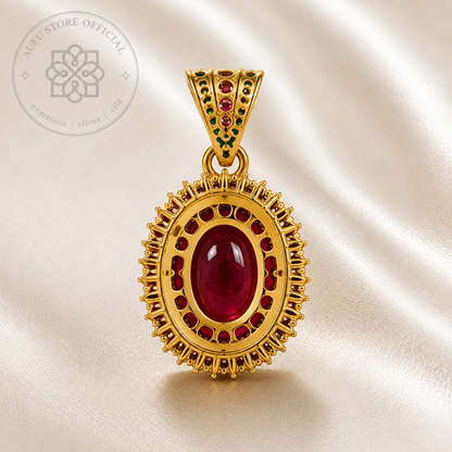 AURELIA CRIMSON ออเรเลีย คริมสัน — จี้ทับทิมสีแดงเข้มโทนเลือดนก ทรงรีล้อม Halo
