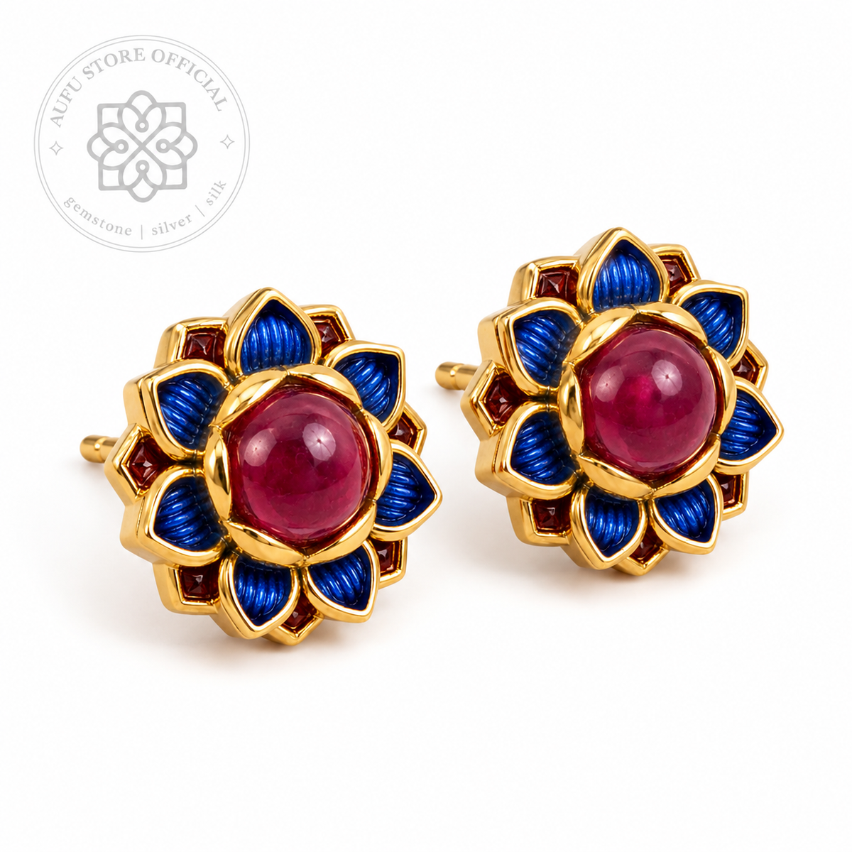 RUBINA NILPADMA — Genuine Ruby Floral Statement Stud Earrings รูบินา นิลปัทมา  ต่างหูทับทิมแท้ดีไซน์ดอกไม้